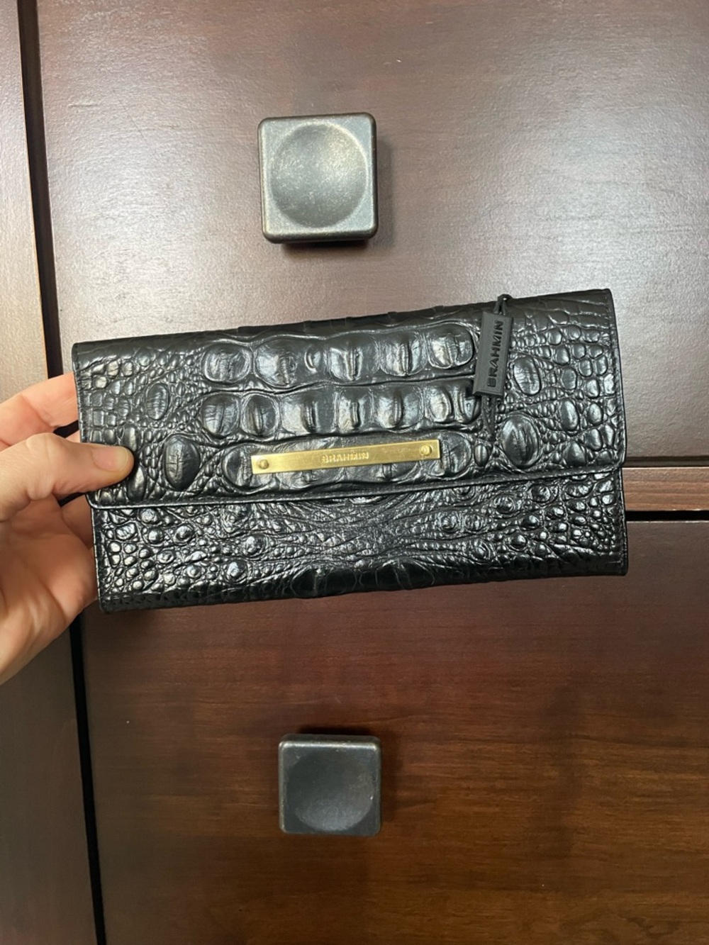 Brahmin Black Croc-Embossed Leather Clutch Wallet with Gold Plaque